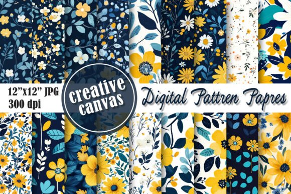Download Yellow Blue Floral Digital Paper Bundle - Bundle Collection